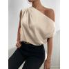 imageOYOANGLE Womens Satin Off The Shoulder Short Sleeve Asymmetrical Neck Ruched Work Office Blouse TopKhaki