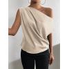 imageOYOANGLE Womens Satin Off The Shoulder Short Sleeve Asymmetrical Neck Ruched Work Office Blouse TopKhaki