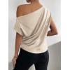 imageOYOANGLE Womens Satin Off The Shoulder Short Sleeve Asymmetrical Neck Ruched Work Office Blouse TopKhaki