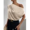 imageOYOANGLE Womens Satin Off The Shoulder Short Sleeve Asymmetrical Neck Ruched Work Office Blouse TopKhaki