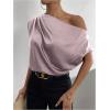 imageOYOANGLE Womens Satin Off The Shoulder Short Sleeve Asymmetrical Neck Ruched Work Office Blouse TopMauve Purple