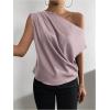 imageOYOANGLE Womens Satin Off The Shoulder Short Sleeve Asymmetrical Neck Ruched Work Office Blouse TopMauve Purple