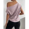 imageOYOANGLE Womens Satin Off The Shoulder Short Sleeve Asymmetrical Neck Ruched Work Office Blouse TopMauve Purple