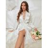 imageOYOANGLE Womens Satin Robe Long Sleeve Open Front Floral Lace Trim Belted Bride Wedding Party BathrobesWhite