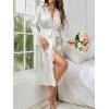 imageOYOANGLE Womens Satin Robe Long Sleeve Open Front Floral Lace Trim Belted Bride Wedding Party BathrobesWhite