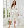 imageOYOANGLE Womens Satin Robe Long Sleeve Open Front Floral Lace Trim Belted Bride Wedding Party BathrobesWhite