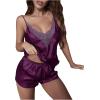 imageOYOANGLE Womens Satin Silk Mesh Lace Deep V Neck Sleepwear Cami Top and Shorts 2 Piece Pajamas Set Nightwear PjsPurple