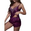 imageOYOANGLE Womens Satin Silk Mesh Lace Deep V Neck Sleepwear Cami Top and Shorts 2 Piece Pajamas Set Nightwear PjsPurple
