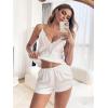 imageOYOANGLE Womens Satin Silk Mesh Lace Deep V Neck Sleepwear Cami Top and Shorts 2 Piece Pajamas Set Nightwear PjsWhite