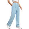 imageOYOANGLE Womens Straight Wide Leg Trousers Striped Print Letter Patched Detail High Waist Y2K Fashion PantsLight Blue