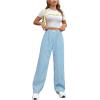 imageOYOANGLE Womens Straight Wide Leg Trousers Striped Print Letter Patched Detail High Waist Y2K Fashion PantsLight Blue