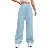 imageOYOANGLE Womens Straight Wide Leg Trousers Striped Print Letter Patched Detail High Waist Y2K Fashion PantsLight Blue