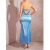 imageOYOANGLE Womens Strapless Satin Tube Dress Backless Elegant Solid Silky Maxi DressesBlue