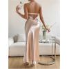 imageOYOANGLE Womens Strapless Satin Tube Dress Backless Elegant Solid Silky Maxi DressesChampagne