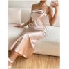 imageOYOANGLE Womens Strapless Satin Tube Dress Backless Elegant Solid Silky Maxi DressesChampagne