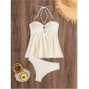 imageOYOANGLE Womens Tankini Bathing Suit Two Piece Textured Ring Linked Halter Swimsuit BeachwearBeige