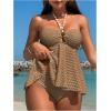 imageOYOANGLE Womens Tankini Bathing Suit Two Piece Textured Ring Linked Halter Swimsuit BeachwearBrown