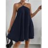 imageOYOANGLE Womens Textured Halter Backless Short Dress Sleeveless Flowy Vacation Mini DressesDeep Blue