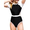 imageOYOANGLE Girls Colorblock Zipper Front Cut Out Waist Sports Athletic One Piece Swimsuit SwimwearBlack White