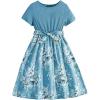 imageOYOANGLE Girls Summer Casual Dress Short Sleeve Bow Belted ALine High Waist Smocked Short DressLight Blue