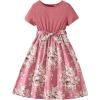 imageOYOANGLE Girls Summer Casual Dress Short Sleeve Bow Belted ALine High Waist Smocked Short DressPink Floral