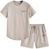imageOYOANGLE Mens 2 Piece Outfits Crew Neck Short Sleeve T Shirt and Drawstring Shorts Workout SetApricot