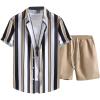 imageOYOANGLE Mens 2 Piece Outfits Tropical Print Striped Short Sleeve Button Down Hawaiian Shirt and Shorts SetsBlack White Khaki