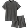 imageOYOANGLE Mens 2 Piece Summer Outfits Letter Embossed Short Sleeve Top and Shorts Set TracksuitsDark Grey