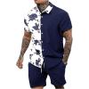 imageOYOANGLE Mens 2 Piece Vacation Outfits Tropical Hawaiian Button Down Shirt and Shorts SetDeep Blue and White
