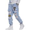 imageOYOANGLE Mens Cargo Joggers Pants Letter Patched Ripped Jeans Elastic Drawstring Waist Distressed Denim PantsLight Wash