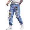 imageOYOANGLE Mens Cargo Joggers Pants Letter Patched Ripped Jeans Elastic Drawstring Waist Distressed Denim PantsMedium Wash