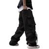 imageOYOANGLE Mens Casual Drawstring Waist Flap Pocket Cargo Pants Wide Leg Loose Fit Parachute Pants JoggersBlack