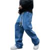 imageOYOANGLE Mens Drawstring Elastic Waist Wide Leg Cargo Jeans Baggy Casual Denim Pants with PocketsBlue