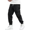 imageOYOANGLE Mens Drawstring Waist Flap Pocket Jogger Cargo Pants Carrot Denim Jeans with PocketBlack
