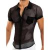 imageOYOANGLE Mens Fishnet See Through Short Sleeve Button Down Collar Party Tops ShirtBlack