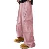 imageOYOANGLE Mens Flap Pocket Side Wide Leg Baggy Pants Drawstring Elastic Waisted Solid Trendy TrousersPink