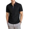 imageOYOANGLE Mens Muscle Ribbed Knit Short Sleeve Shirts Zip Collared Slim Fit TopsBlack