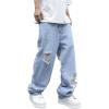 imageOYOANGLE Mens Ripped Distressed Jeans Wide Leg Casual Long Denim Pants with PocketLight Wash