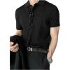 imageOYOANGLE Mens Short Sleeve Collared Shirts Button Front Ribbed Knit Solid Shirt TopBlack