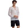 imageOYOANGLE Mens Solid Hollow Out See Through Party Clubwear Long Sleeve V Neck Shirt TopWhite