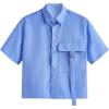 imageOYOANGLE Mens Striped Print Button Down Short Sleeve Flap Pocket Crop Shirt TopsBlue