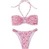 imageOYOANGLE Womens 2 Piece Floral Print Bikini Swimsuits Halter Ring Linked Lace Trim High Cut Ruched Bathing SuitsPink