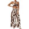 imageOYOANGLE Womens 2 Piece Outfits Graphic Print Knitted Crop Halter Top and Wide Leg Pants SetBrown