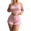 imageOYOANGLE Womens 2 Piece Pajama Set Rib Knit Graphic Print Cami Crop Top and Shorts Pjs SleepwearPink