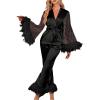 imageOYOANGLE Womens 2 Piece Pajama Set Satin Contrast Mesh Feather Trim Long Sleeve Belted Top and Pants Lounge SetsBlack