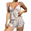 imageOYOANGLE Womens 2 Piece Pajamas Set Cherry Print Lettuce Trim Mesh Cami Top and Shorts Pjs Set SleepwearWhite