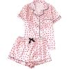 imageOYOANGLE Womens 2 Piece Satin Pajama Set Heart Print Button Down Short Sleeve Top and Shorts SleepwearPink