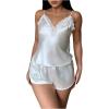 imageOYOANGLE Womens 2 Piece Satin Pajama Set Lace Trim V Neck Camisole and Shorts Silk Lingerie SleepwearWhite