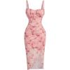 imageOYOANGLE Womens All Over Floral Print Spaghetti Straps Ruched Bust Wrapped Hem Midi Bodycon DressesPink