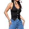 imageOYOANGLE Womens Button Front Denim Jacket Vest Sleeveless Vintage Halter Jean Crop Tank TopBlack